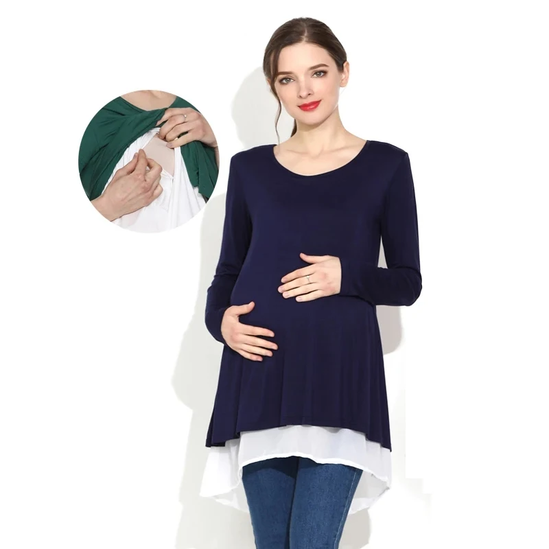 Side Opening Breastfeeding Maternity Tunic Long Sleeve Fake Two-Piece Chiffon Hem Plus Size Loose Pregnancy Soft Tee Top
