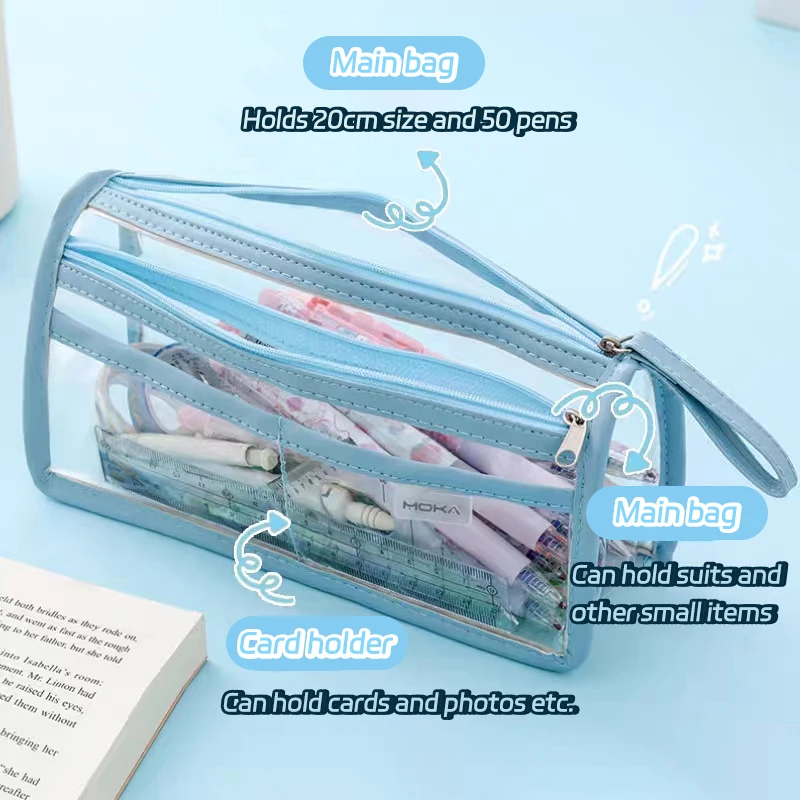 Simple Transparent Pencil Case PVC Student Storage Box Cosmetic Bag Large Capacity Waterproof Macaron School Supplies Stationery