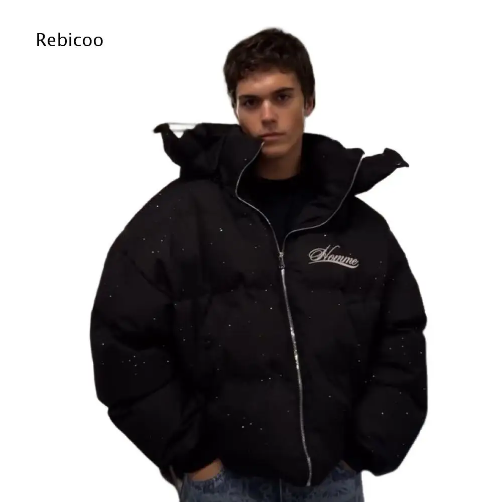 Men Oversized Hooded Puffer Jacket Zip Up Warm Outerwear With Embroidery Detail For Autumn Winter Street Daily Outfits