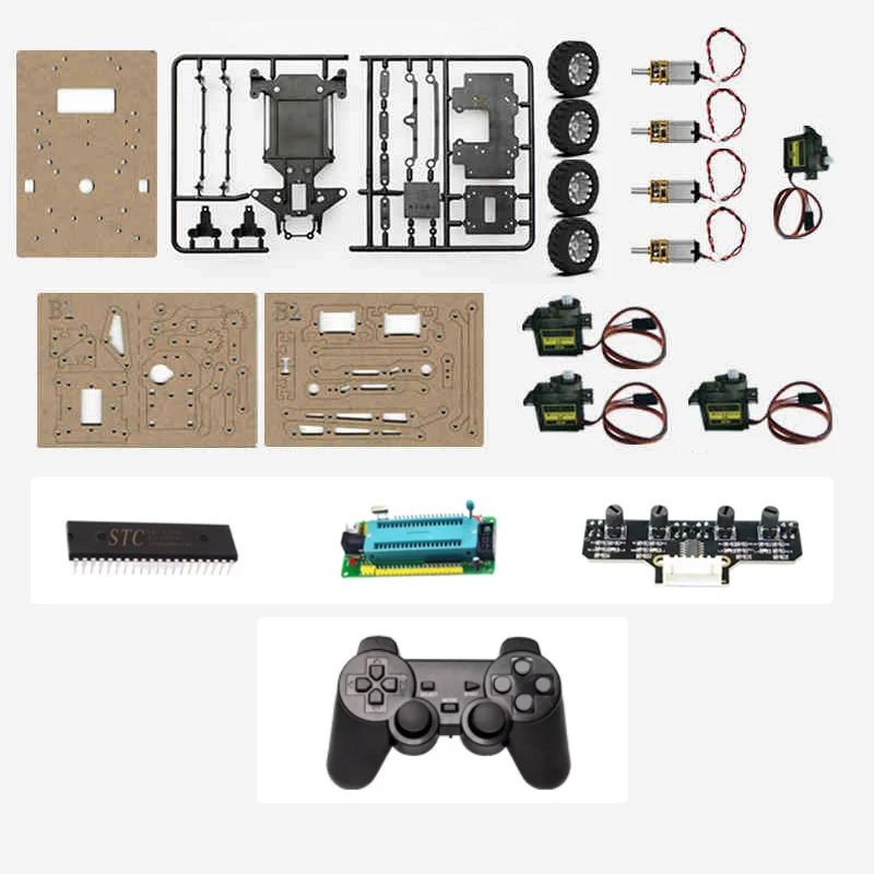 Robot Car Parts w/ Motors & 3DOF Robot Arm for 2-Mode Smart Cars (Differential + Ackerman Modes)