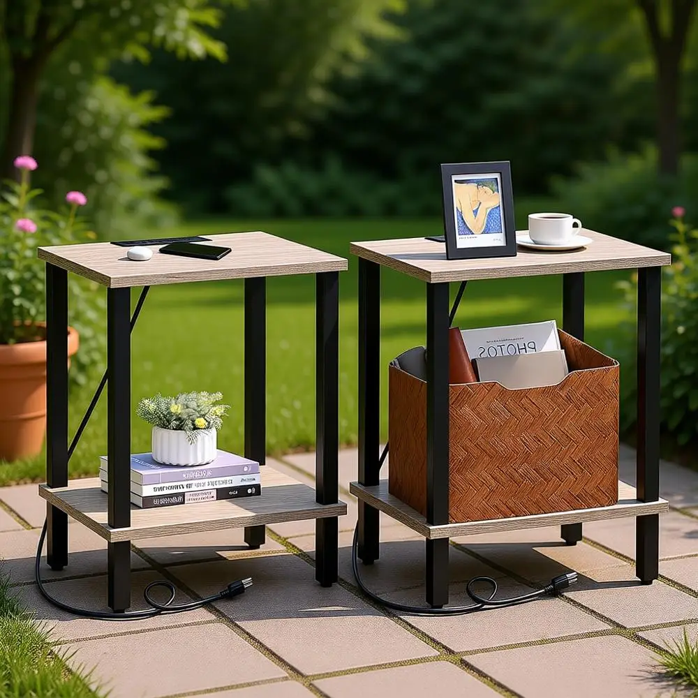 

Прикроватные столики-станции для зарядки (2 шт.), маленькие приставные столики, тумбочки, двухъярусное хранение для небольших помещений, для гостиной и спальни, серые