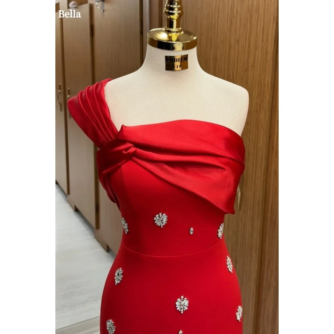 

Bella Customized Red Glitter One Shoulder robes de soirée Strapless Backless Party Dresses Floor-Length Sleeveless Prom Dress