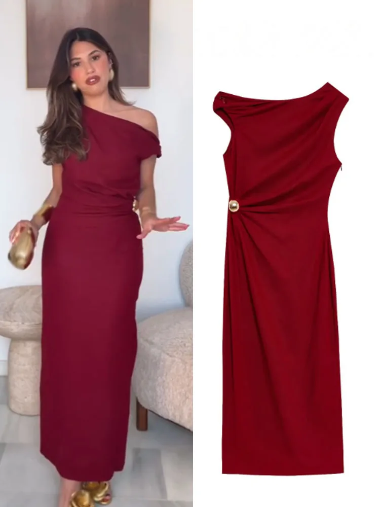 

HH Women's Summer Fashion Round Neck Sleeveless Line Blended Midi Dress Female Sexy Elegant Slim Pleated Hem Slit Long Dress