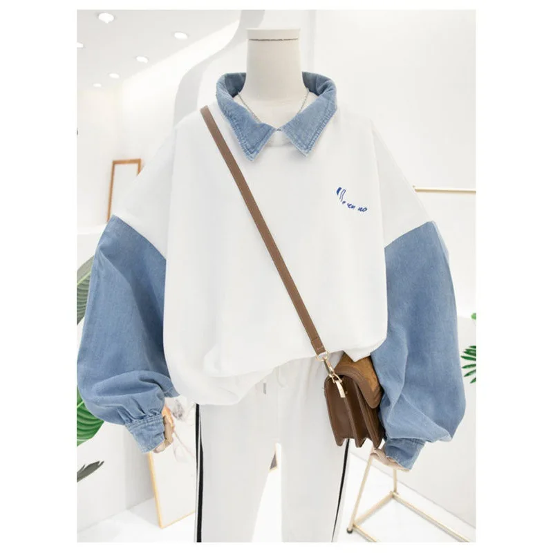 FAVRE Denim Stitching Sweatshirts Polo Lapel Contrast Pullovers Women Spring Autumn Thin Hoodies Korean Version Casual Ins Tops