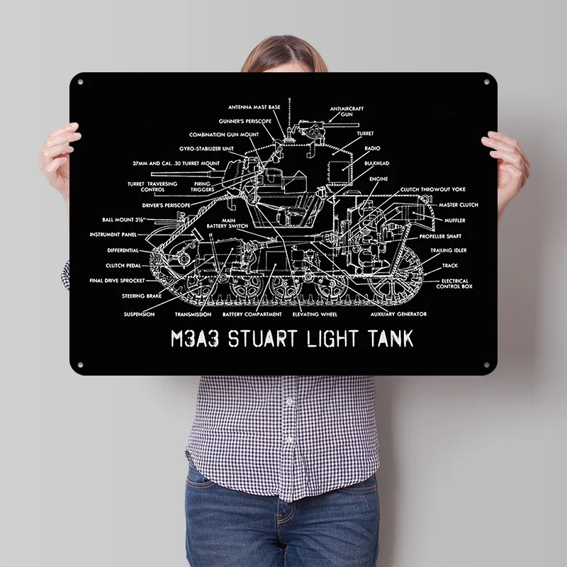 M3A3 Stuart Light Tank Schematic 3D Texture Metal Poster Customized Wall Art Tin Sign Gift for Mancave Bedroom Decorations Room