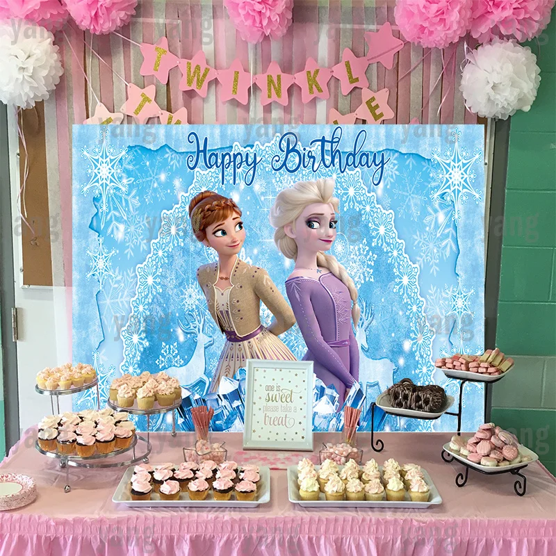 Disney Frozen Anna Elsa Princess Snowflake Cartoon Photographic Backdrops Background Birthday Party Decoration Custom Banner