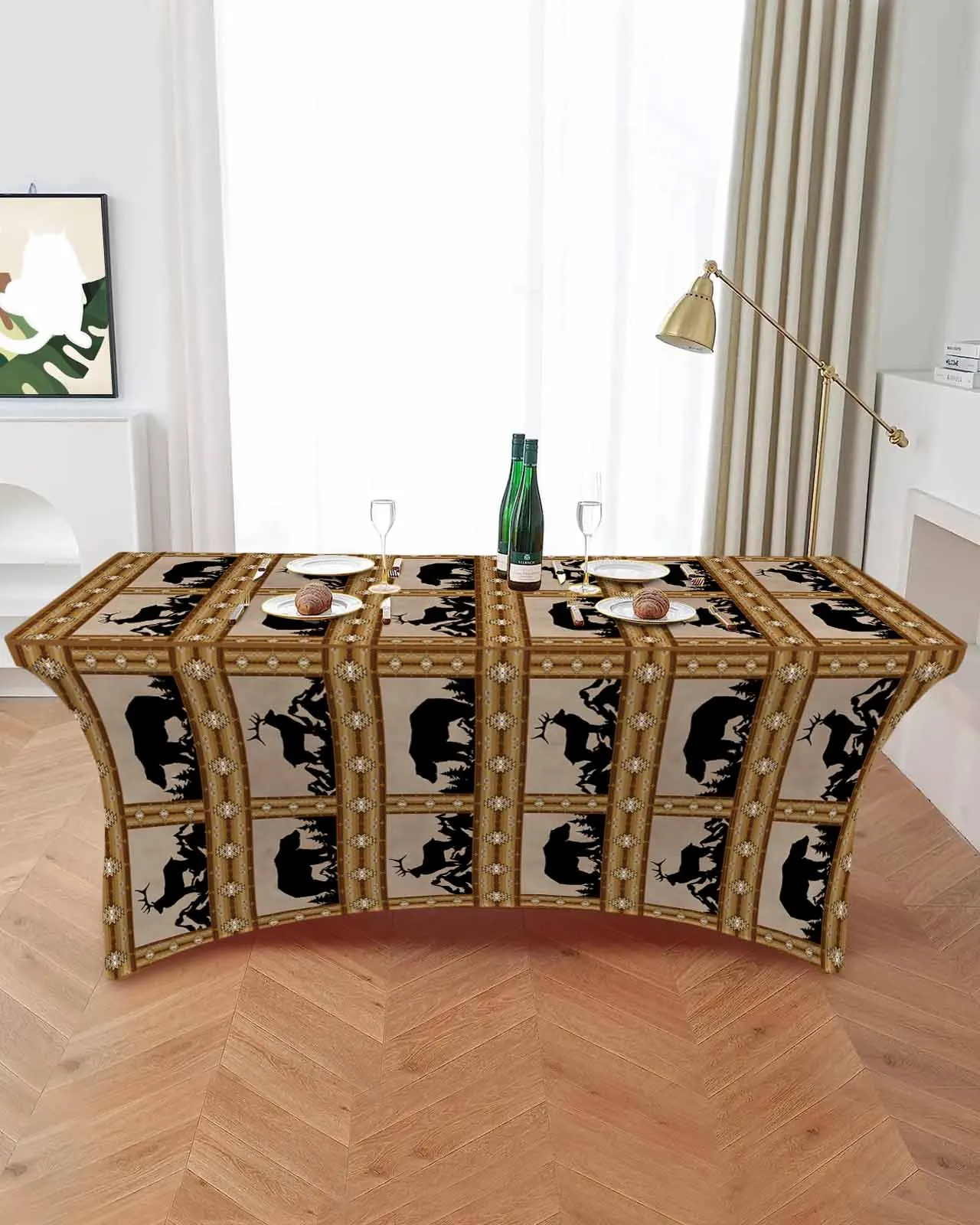 Autumn Forest Bear Deer Bohemian Geometric Retro High Stretch Tablecloth Wedding Party Decor Table Cover Outdoor Table Cloth