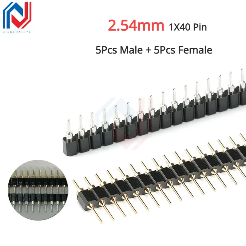 5Pair Connector Pin Header Strip 5pcs Male + 5pcs Female Header Single Row  1X40Pin 2.54mm Pin Connector Strip Round Needle 1*40