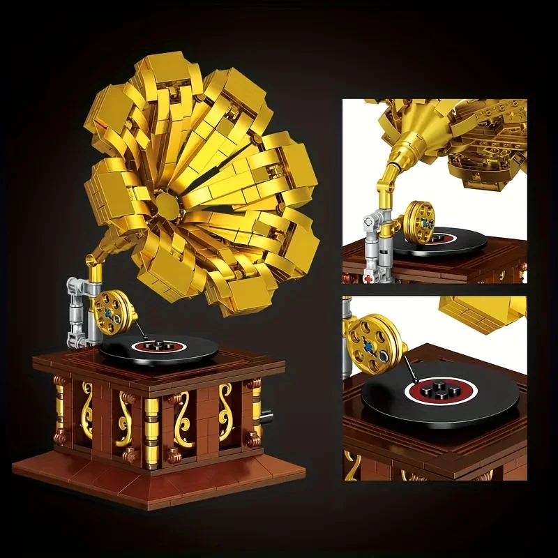 582PCS Gramophone Model Building Blocks DIY European Retro Vinyl Record Player Desktop Decoration Kids DIY Toys Holiday Gifts