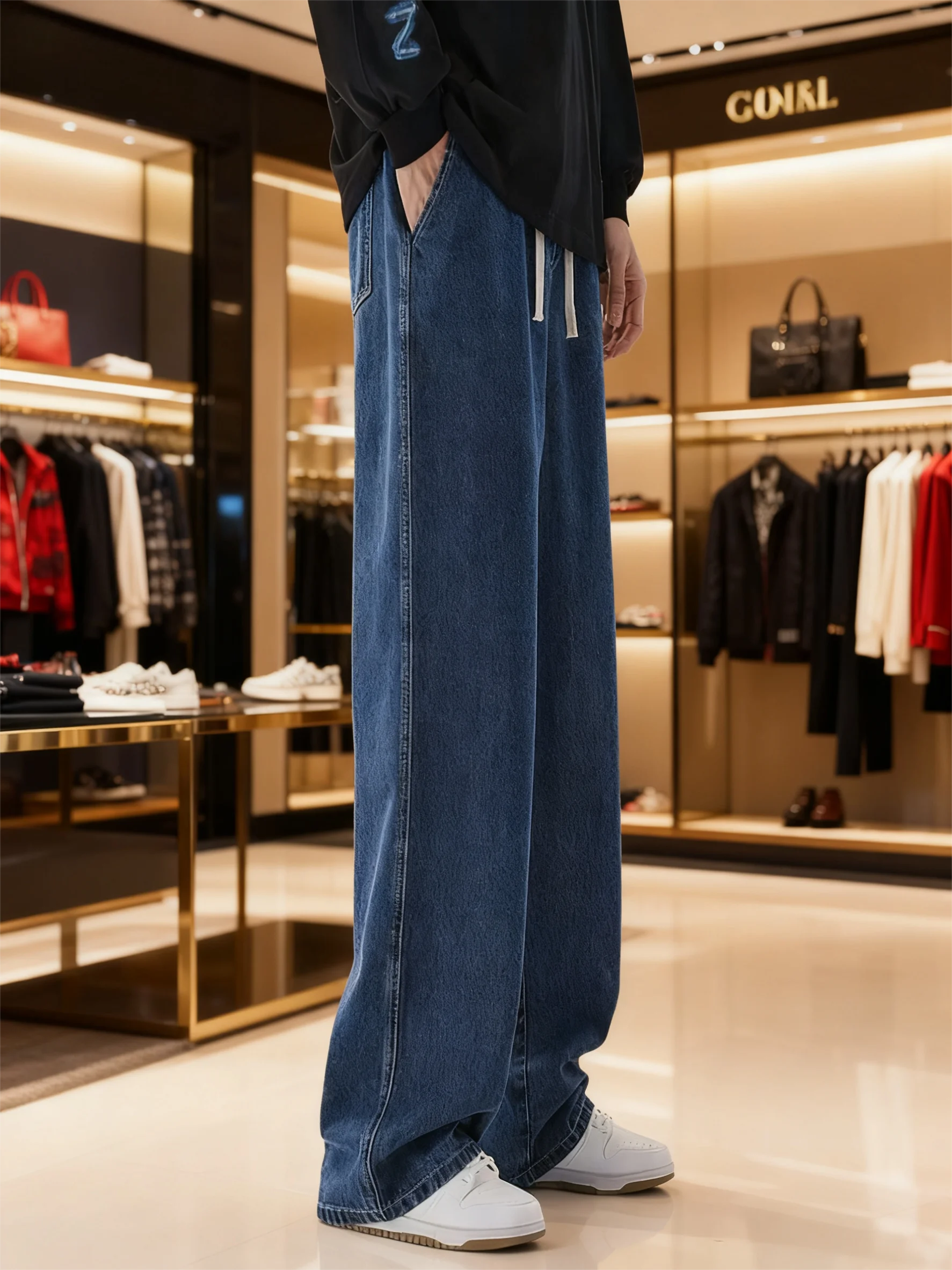 Męskie jeansy koreańskie, styl studencki, casualowe spodnie, proste, luźne, z szerokimi nogawkami, czarne, szare, niebieskie, baggy jeansy.