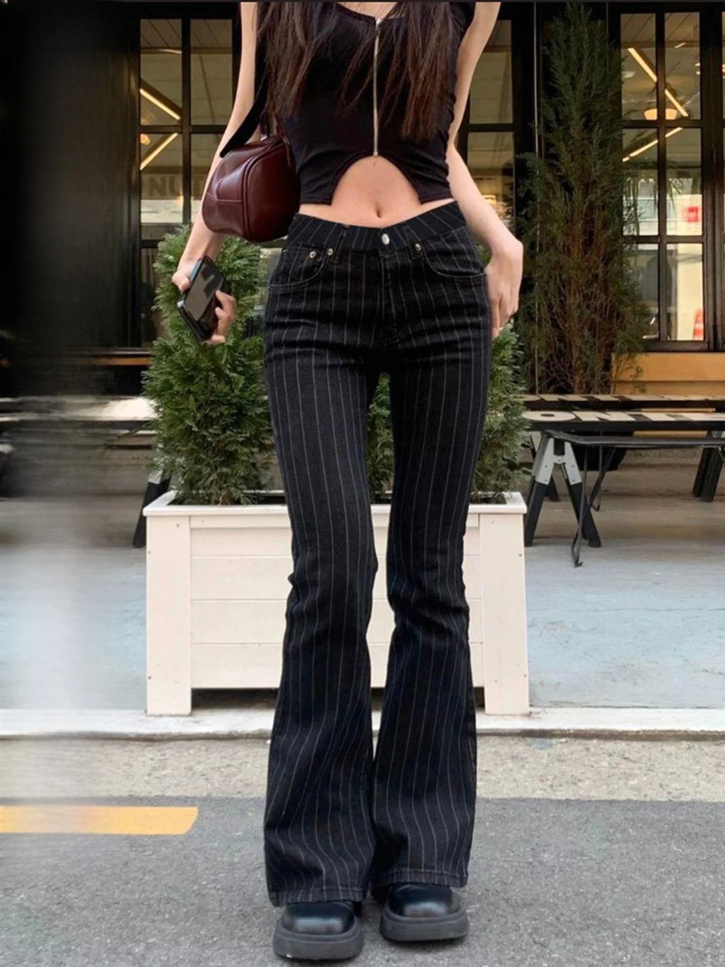 

Базовые полосатые американские повседневные джинсы с низкой талией, женские универсальные облегающие длинные брюки-клеш для пикантных девушек