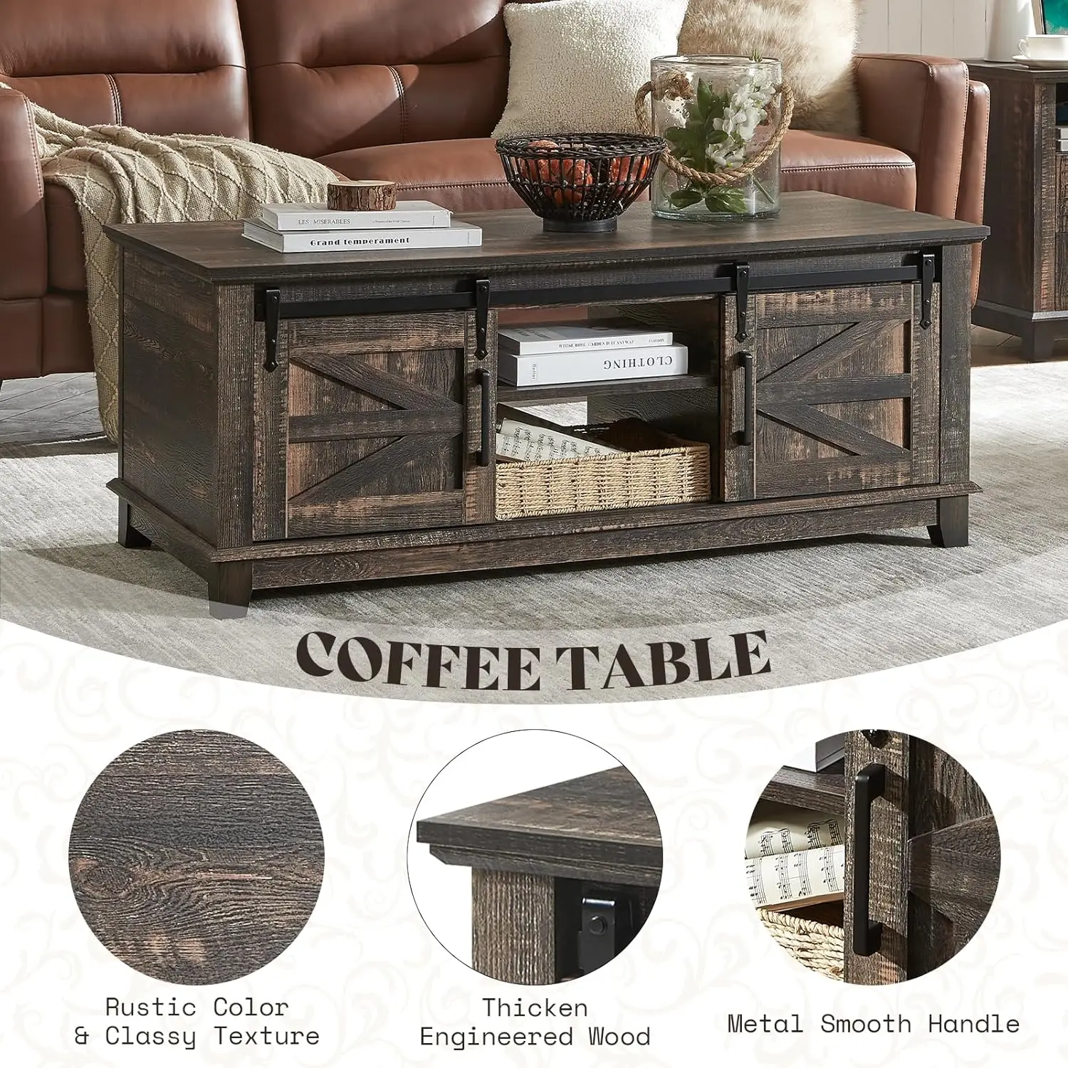 Mesa de centro de granja con puertas corredizas de granero y gabinete de almacenamiento para sala de estar, mesa central moderna de 48", estantes ajustables