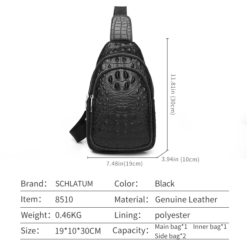 SCHLATUM 100% Cowhide Leather Men Crocodile Grain Fashion Black Multifunctional Leather Chest Bag