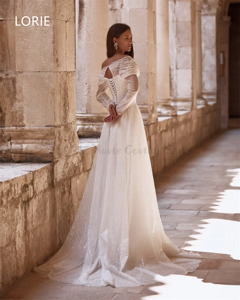 LORIE فساتين زفاف مثيرة لامعة على شكل حرف a بدون أكتاف دانتيل مزينة بربطة عنق فستان زفاف بدون ظهر فساتين زفاف مخصصة 2025
