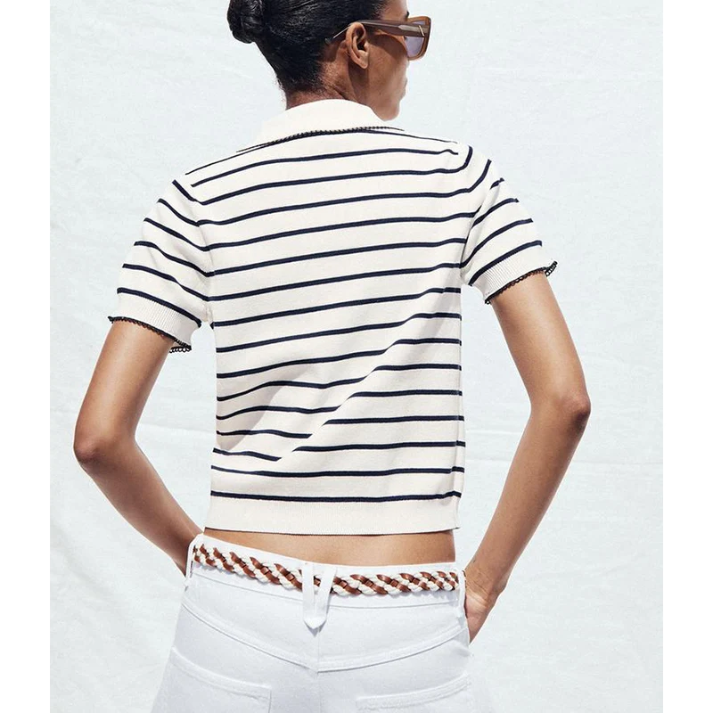 Atasan Rajut Kasual Wanita Musim Panas, Warna Blok, Model Slim Fit dari Serat Polyester