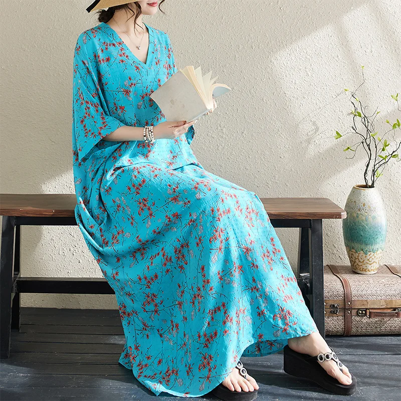 Été mince Floral Vaion Sle voyage v-ne rétro Long Dr doux confortable sur le genou coton lin mélange enveloppement Dr