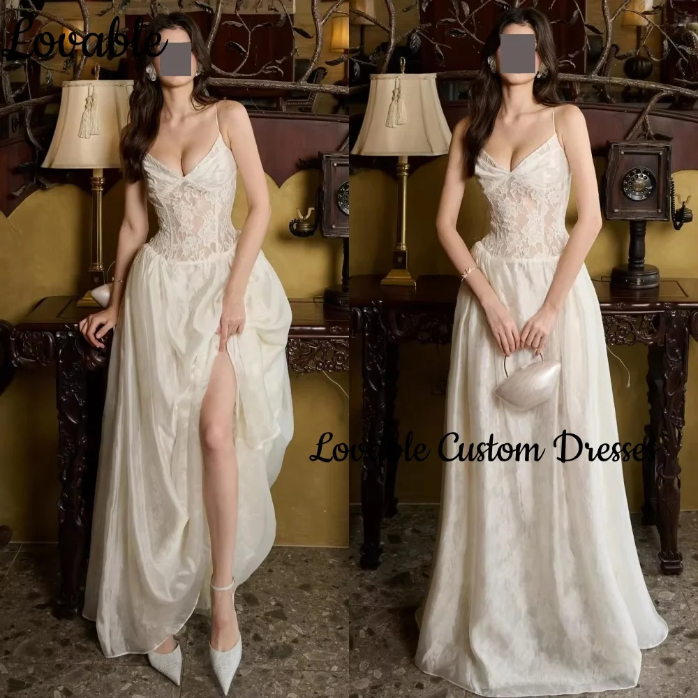 

Элегантные вечерние платья для женщин на заказ трапециевидной формы с разрезом и v-образным вырезом длиной до пола, платья для торжественных случаев, кружевные платья на молнии без рукавов