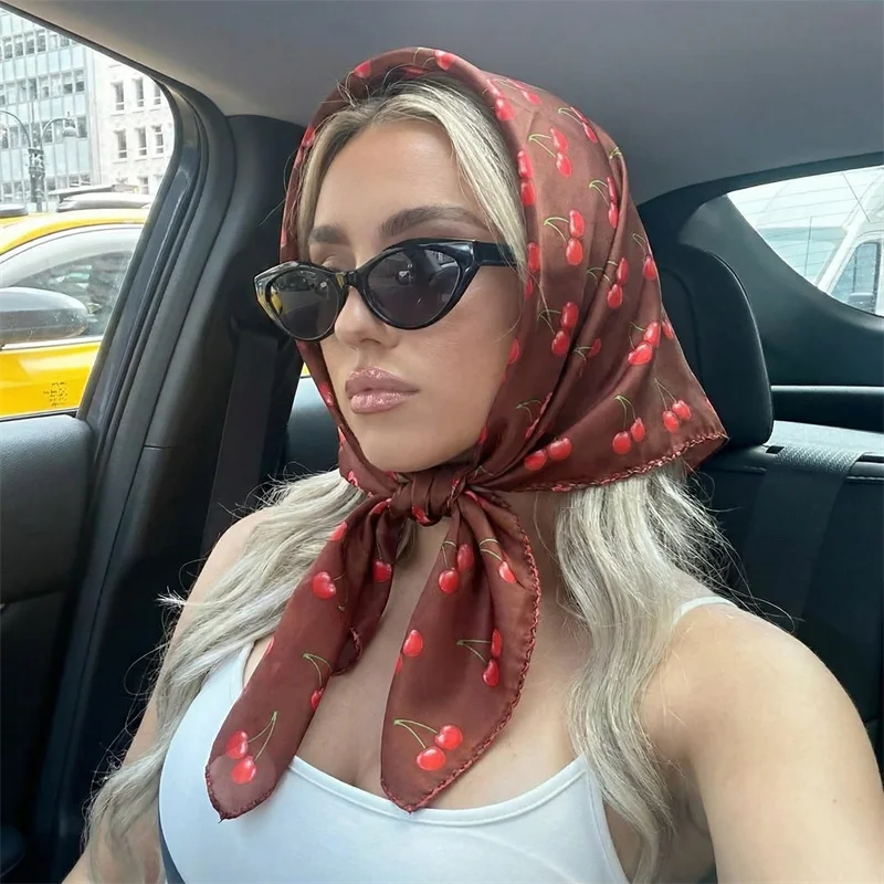 

Cherry Print Square Scarf Women Satin Shawl Wrap Hijab Female Hair Band Wrist Luxury Headkerchief 70*70cm Echarpe 2026 Bandana