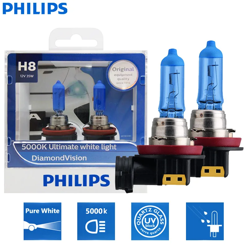 

Лампы для автомобильных фар Philips H8 12V 35W Diamond Vision 5000K Super White Light, галогенные, противотуманные, 12360DVS2, пара