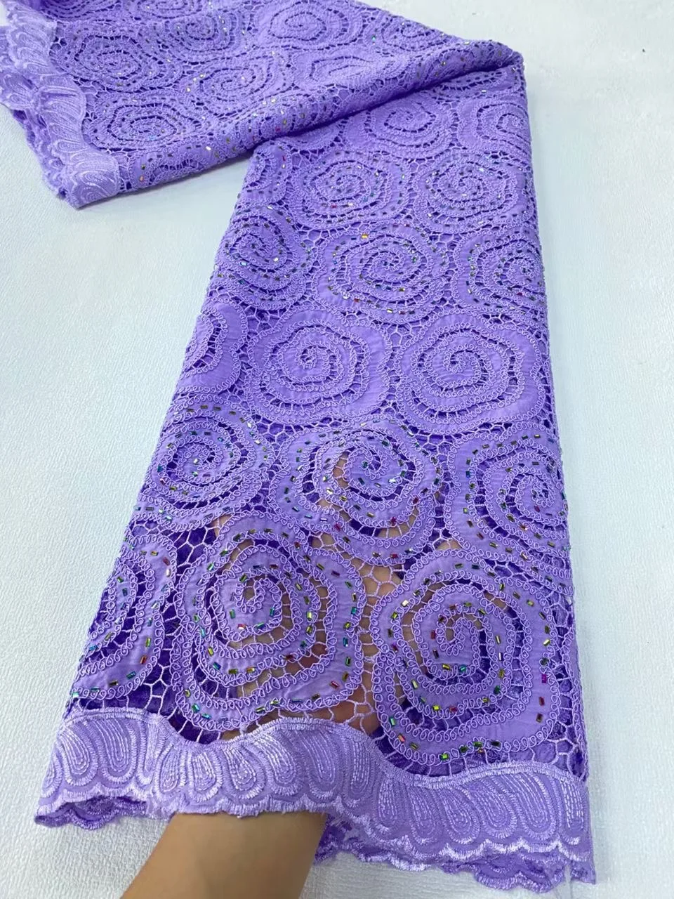 

African Tulle Lace Quilting Fabric,5 Yards Purple Cotton Fabric by the Meter With Rhinestones, Suitable For Party Dresses Design