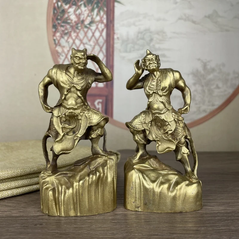 Estatua de latón de los dos generales Shunfeng y Hengha con ojos telepáticos, figurita decorativa para el hogar, estatua de Buda pintada en bronce