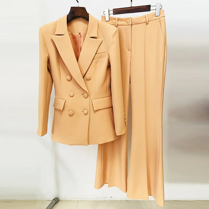 

Brown Khaki Pantsuits Women Double Breasted Slim Fit Office Business Suit Jacket Blazer Flare Pants Set Two Piece Set Outfits