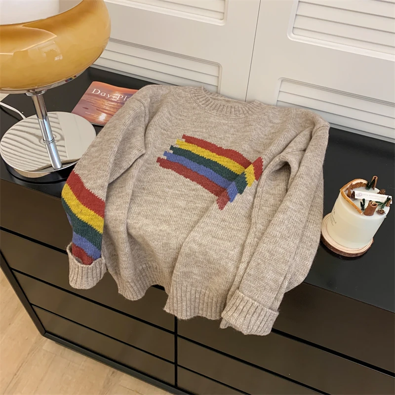 

Women's Khaki Rainbow Casual Sweater round Neck Long Sleeve Y2K American High Street Aesthetic Fashion Retro Winter Top Clothes