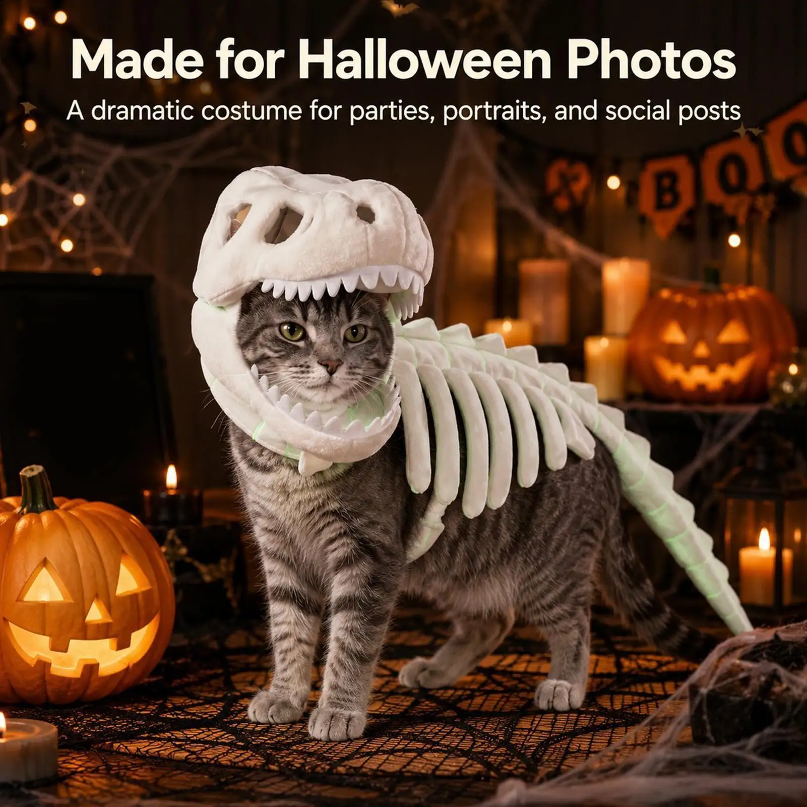 Pet Costume Dinosaur Skeleton Costume Glowing Skull Head Soft Plush Halloween Outfit Dinosaur Bone Hood Outfits Clothes - view 6
