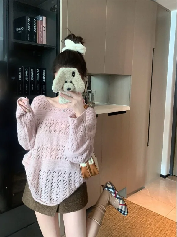 Korean Style Lazy Hollow out Knitted Cover up Women Early Autumn Loose Slimming Shoulder Bared Long Sleeve Thin Breathable Top