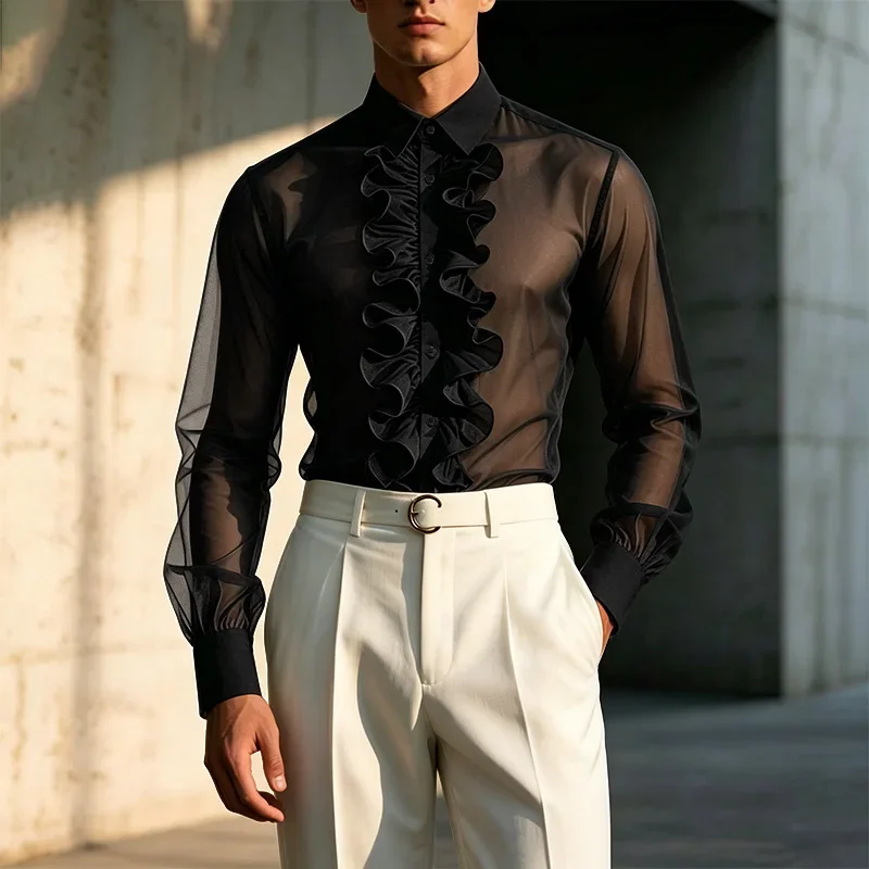 

Men's Shirt Mesh Patchwork See Through Lapel Long Sleeve Men Clothes INCERUN Streetwear Ruffle 2026 Fashion Casual Tops Camisas