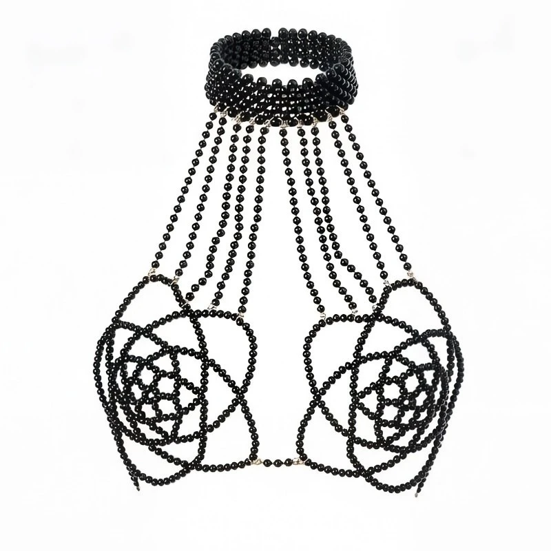 Hotselling Imitation Pearls Bra Bikini Tops Breast Chains Halter Collar Body Jewelry Strip Party Dance Show Costume Crochet Top