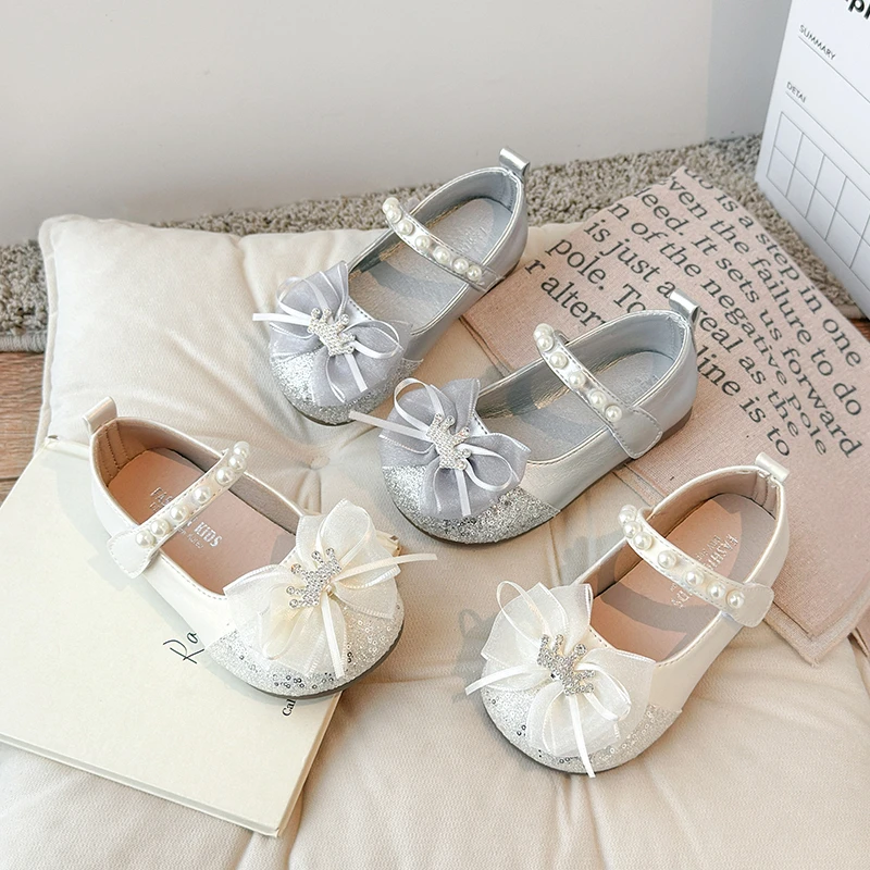 

Elegant Girls Princess Shoes Glitter Bow Crown Kids Party Dress Shoes Fashion Wedding Festival Children Sequins Leather Shoes