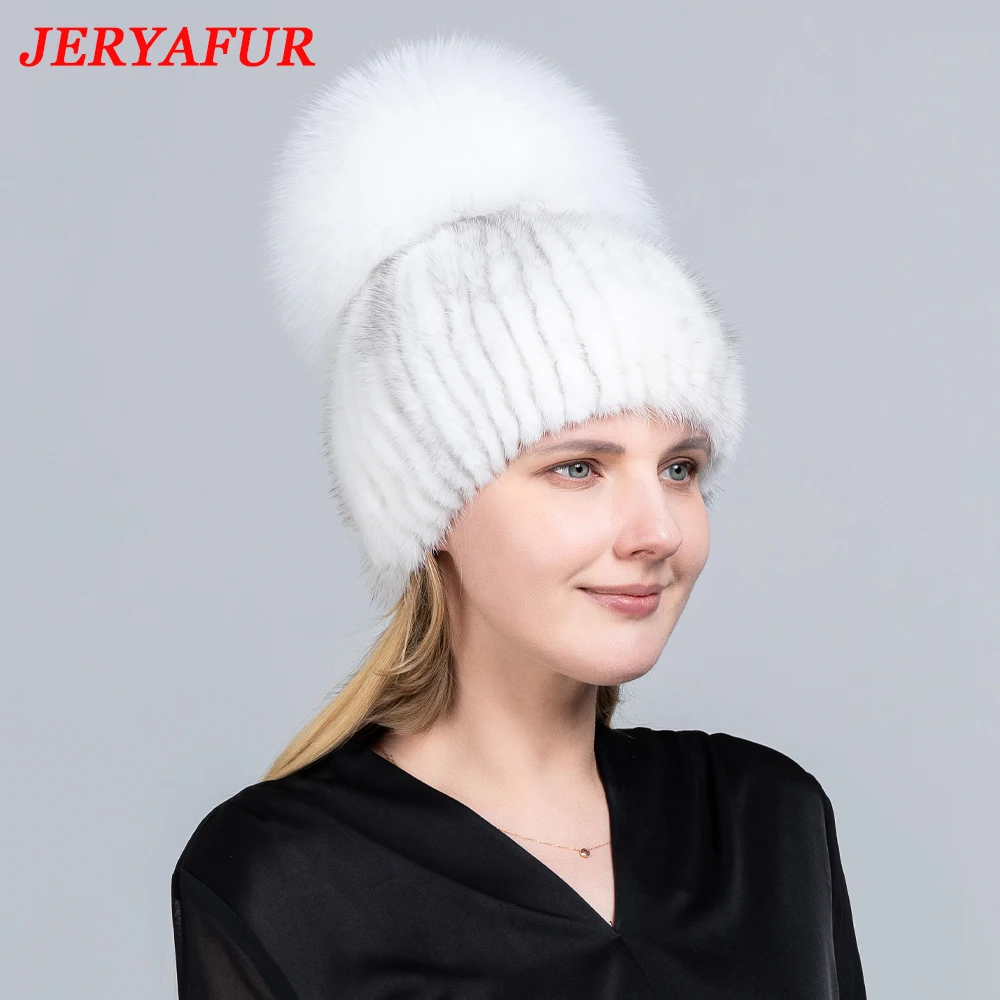 Real Mink Fur Hat For Winter Women Imported Knitted Mink Cap With Fox Fur New Hot Sale High Quality Female Beanies