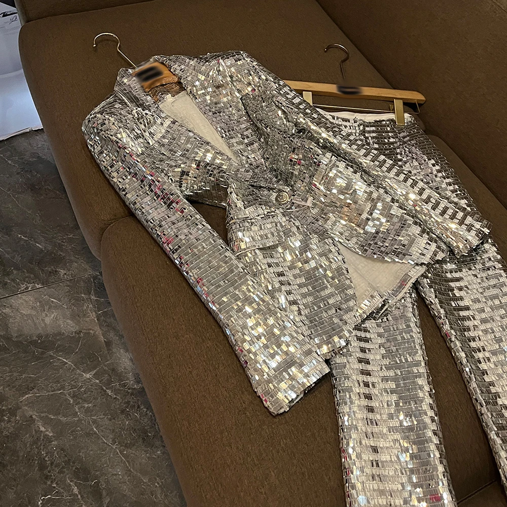 Elegant Set Female Fashion KSE527441 TWOTWINSTYLE Solid Sequin Two Piece Sets For Women Lapel Long Sleeveltop High Waist Pants