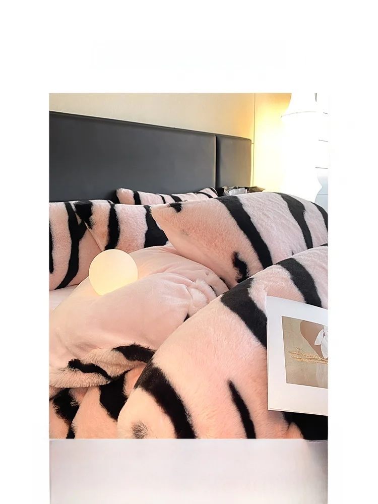 Zoeo New Rabbit Fur Four Piece Set Milk Velvet Zebra Pattern Pink Ins Style Bedding Sheets Bed Canopy Bedding Accessories
