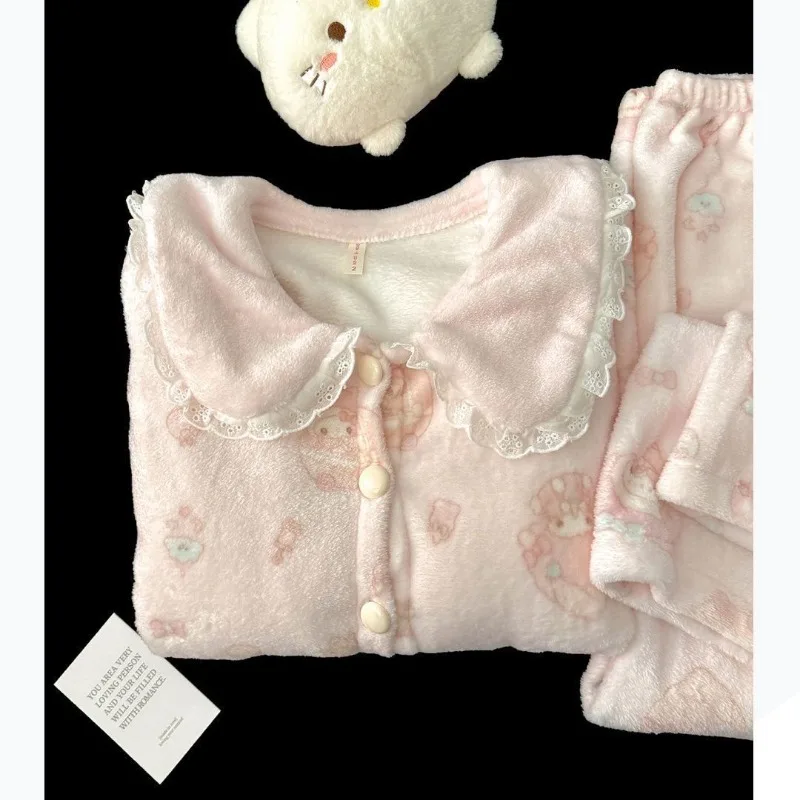 

My Melody Pajamas Cinnamoroll Girls Soft Skin-friendly Autumn and Winter Coral Velvet Thickened Warm Flannel Home Clothes Set