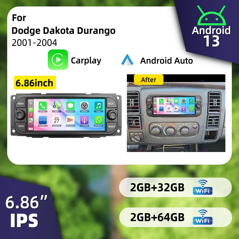Radio Estéreo 1 Din con Sistema Android para Auto, Multimedia para Dodge Dakota Durango 2001-2004, Pantalla de 6.86 Pulgadas, Carplay, Autoradio, Navegación GPS