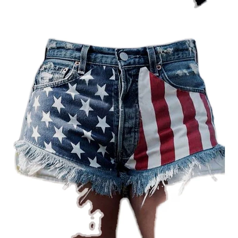 Celana Jeans Wanita Model Straight Leg High Waist Punk Sle dengan Motif Bendera dan Rumbai, Celana Denim dengan Motif Bintang untuk E-commerce Lintas Batas