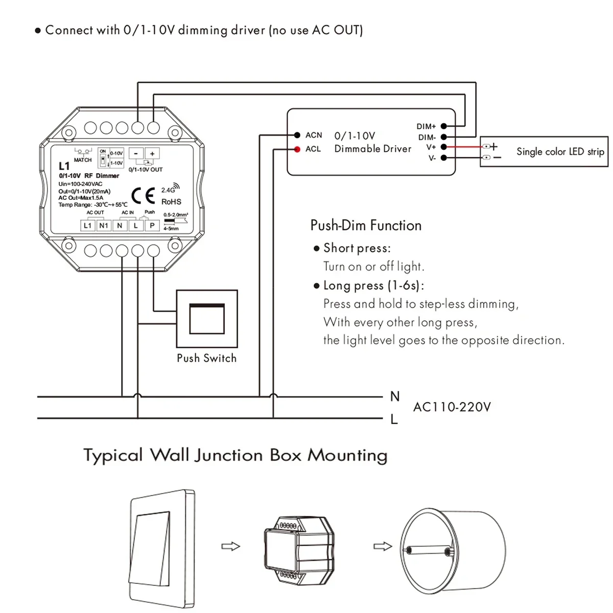 Interruptor inalámbrico WIFI AC85V-220V L1, atenuador de intensidad, control remoto de atenuación táctil RF de 2,4G, 0-10V, 1-10V