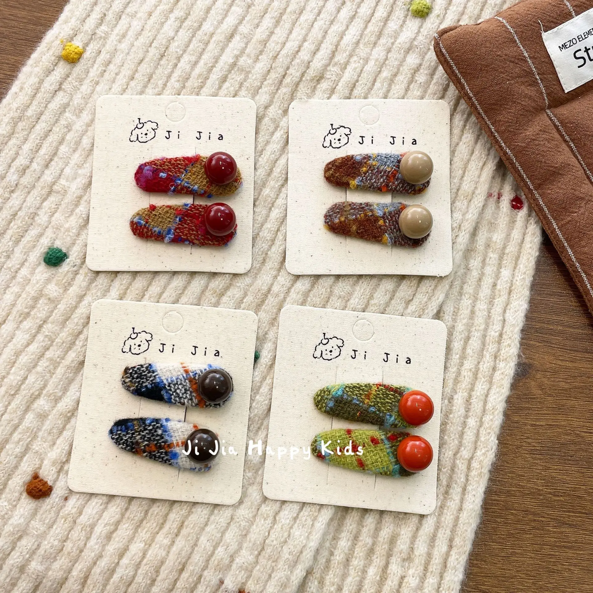Hair Clip Sweet Vintage Colorful Plaid Wool Ball BB Autumn Winter Versatile Cute Daily Girls Headwear Hair Accessory