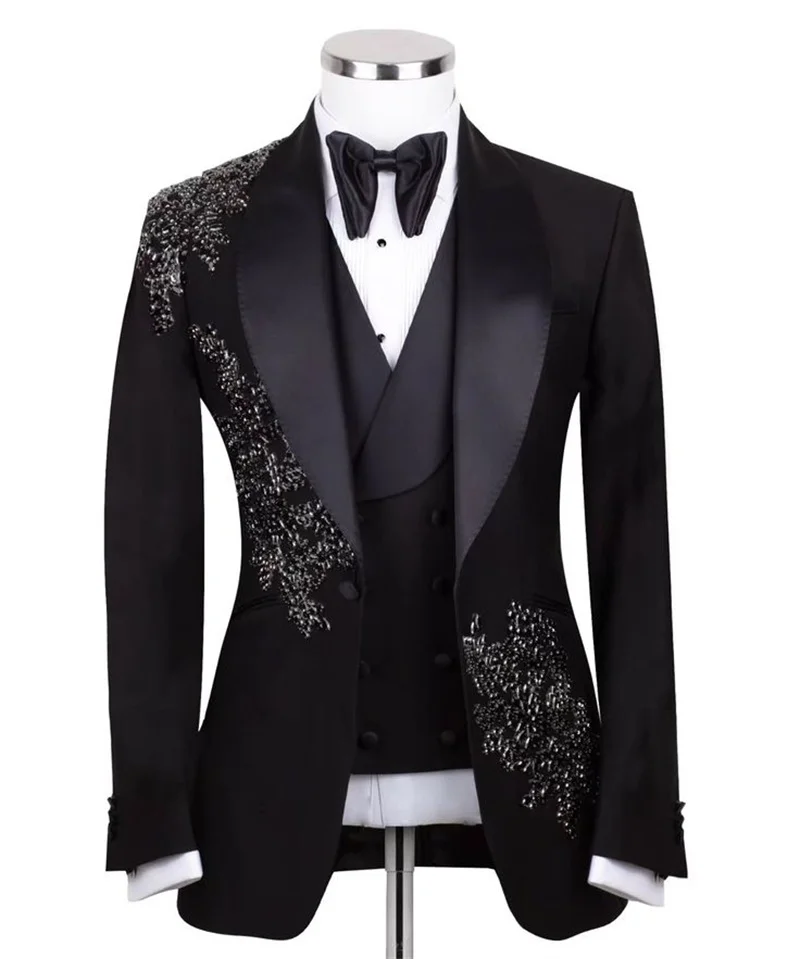 Black Groom Men Suit Set 3 Pcs Blazer+Vest+Pants Trousers Autumn Wedding Tuxedos Coat Customized Formal Office Fashion Jacket