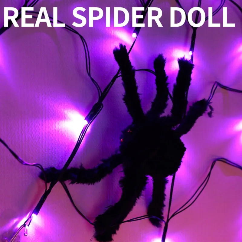 Diâmetro Solar Halloween Spider Web Lights, 50 LED, 8Mode, Spider Net Lights, Festa, Quintal, Jardim, Bar, Decoração da casa assombrada