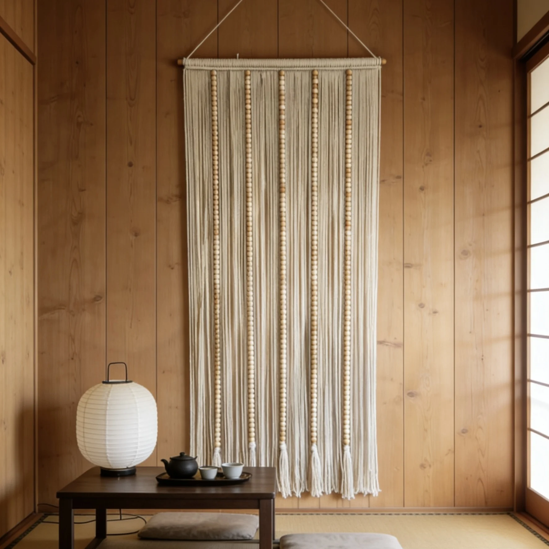 Japanese Style Woven Tassel Wall Hanging Decorative Artwork Cotton Fabric Bead Trim Living Room Bedroom Tapestry Wall Decor