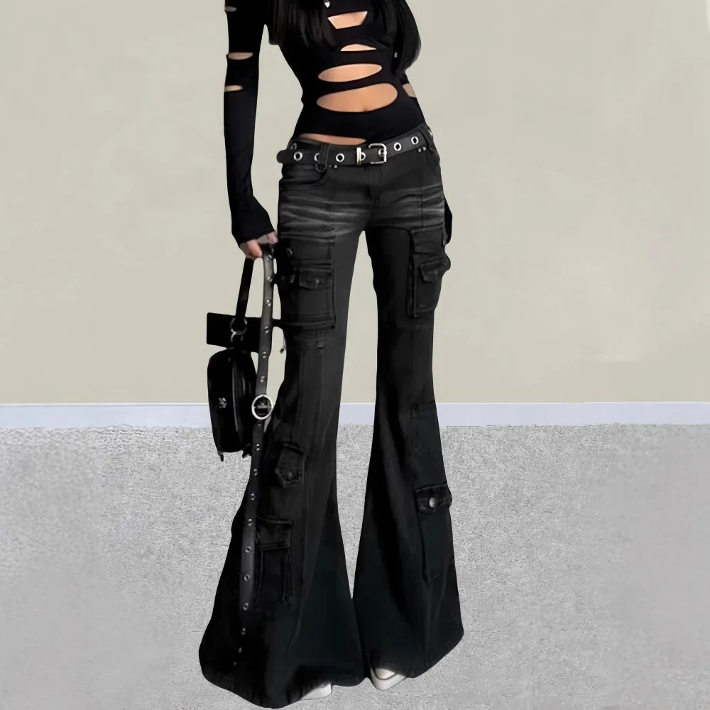 

Женские расклешенные джинсы, осень 202, ретро, широкие джинсы Y2K, женские узкие джинсовые брюки-карго с несколькими карманами