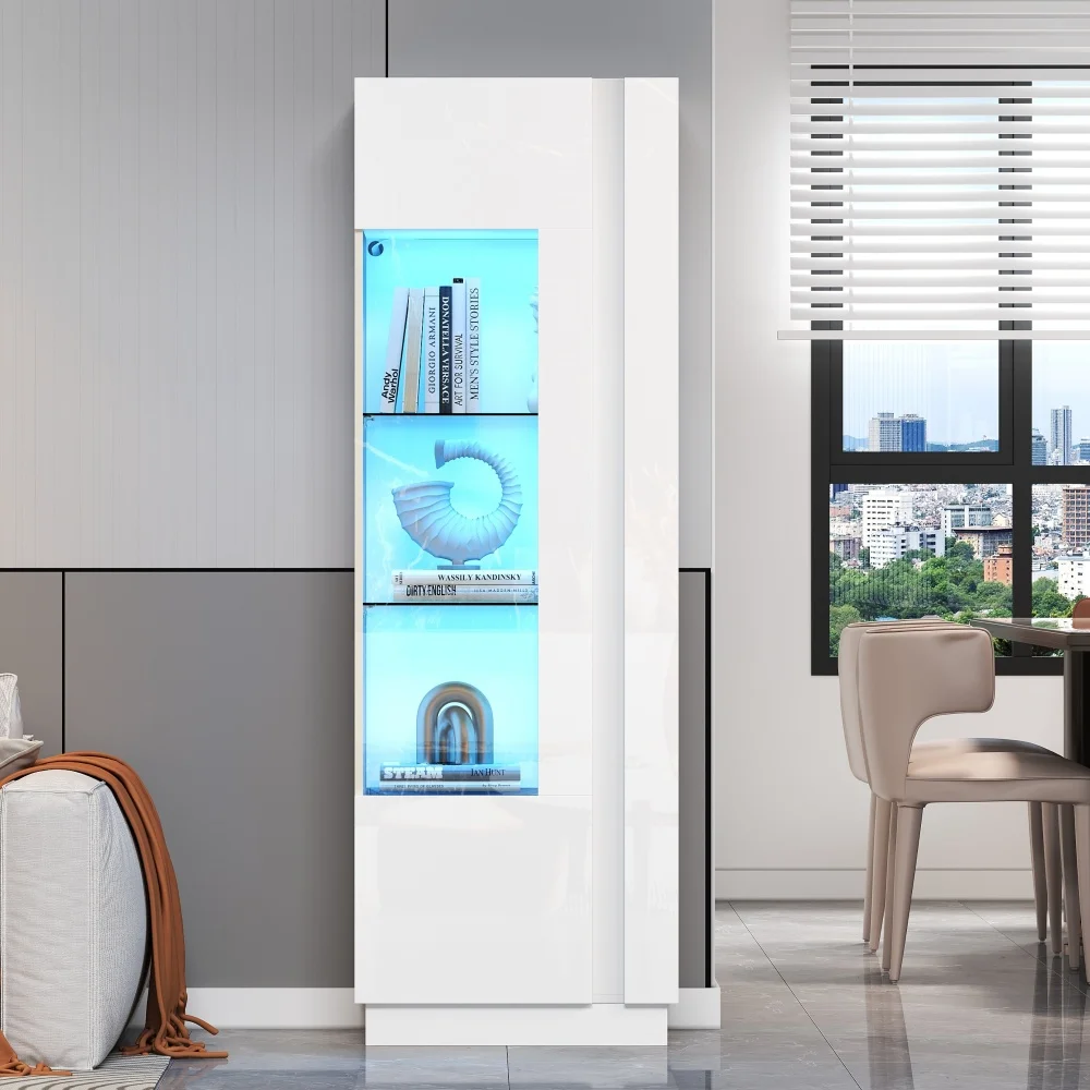 Vitrina de 60 x 40 x 180 cm con puerta de acrílico, acabado lacado brillante, mueble de almacenamiento con iluminación LED, 3 estantes de vidrio, armario alto, mueble de almacenamiento, mueble vertical de almacenamiento, mueble bajo sofá, blanco