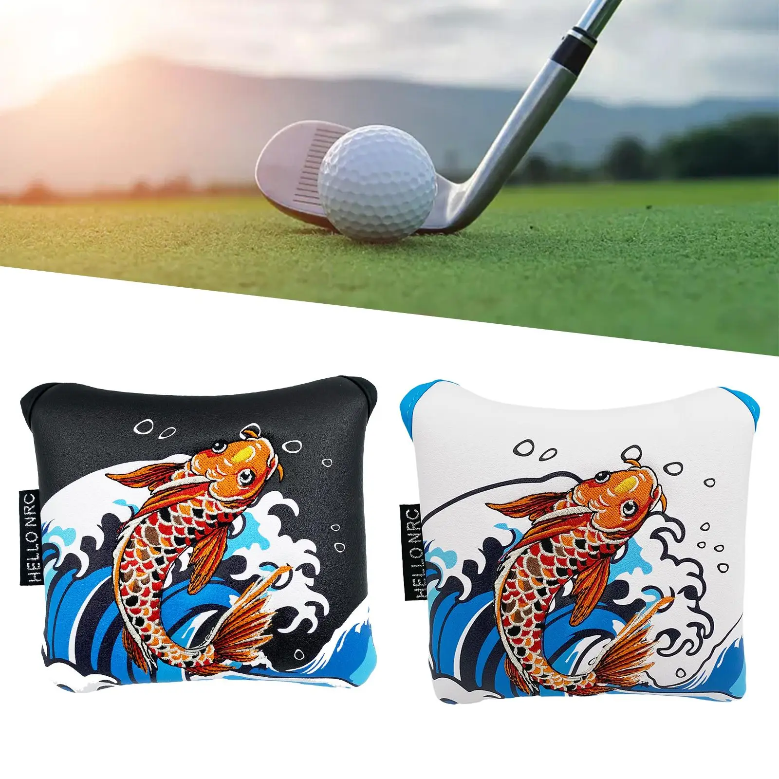 Golf Mallet Putter Cover Embroidered Koi Fashion Golf Accessories Plush Lining Portable Golf Gifts for Dad Golf Club Head Cover