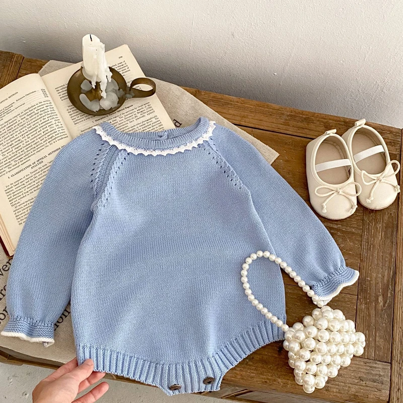 New autumn baby clothing, 0-3 year old girls, cotton lace collar long sleeved knitted jumpsuit, triangle top climbing suit