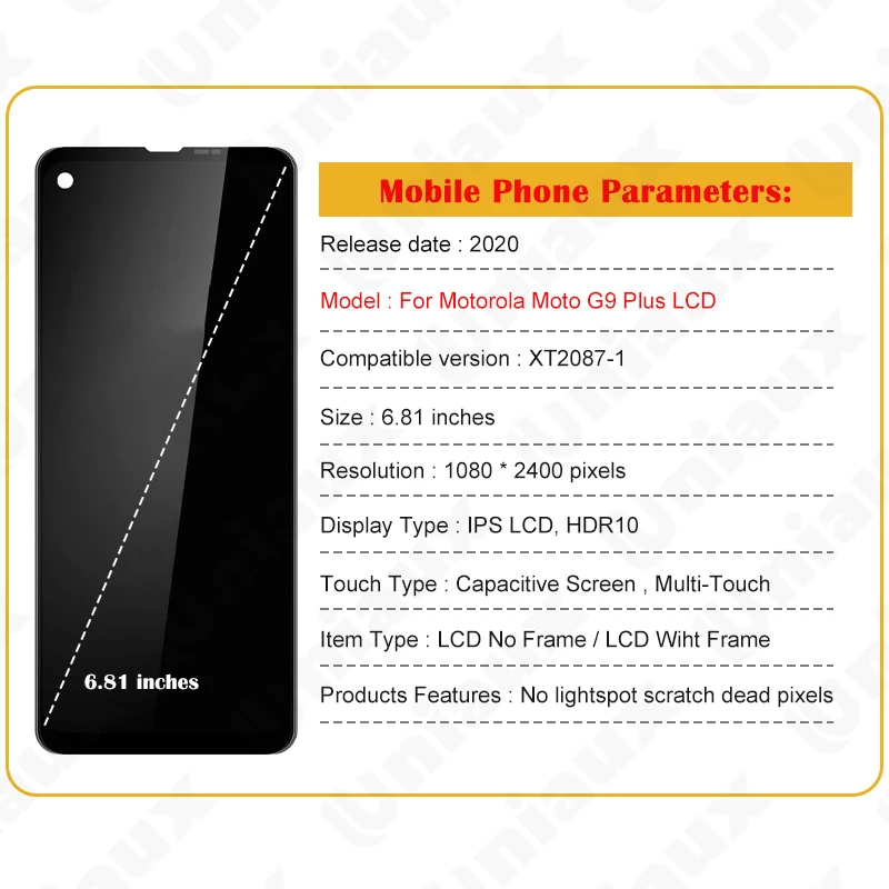 LCD Display Touch Screen Digitizer Assembly with Frame, Motorola Moto G9 Plus, XT2087-1, Original, 6.81\