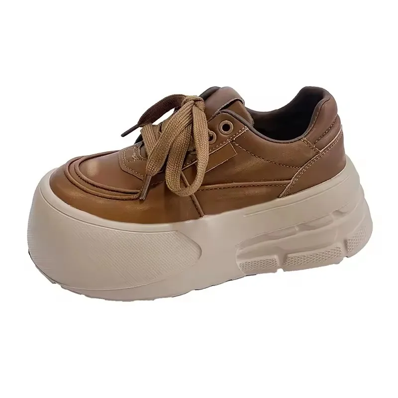 

New 7cm Women's Autumn Thick Bottom Shoes Breathable Microfiber Leather Vulcanize Flat Platform Sneakers White Walking Shoes