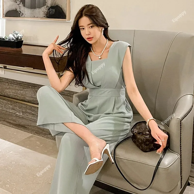 2024 New Fashion Elegant Summe Business Jumpsuits Women Square Neck Wide Leg Trousers Long Playsuits Casual Work Wear Rompers